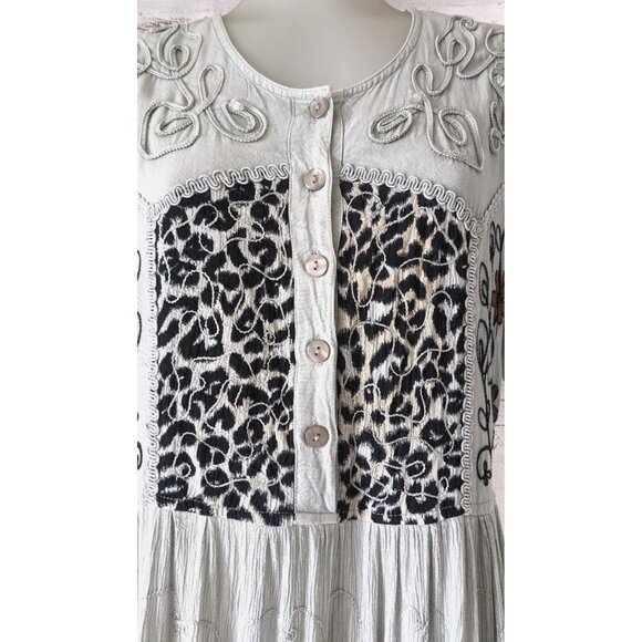 VTG Cool Plus Women Dress Midi Gray Cotton Crepe Short Sleeve Embroidery Size M - Picture 4 of 9